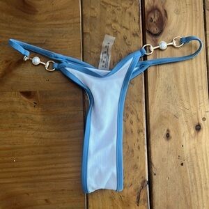 Women's Blue and White Bikini Bottom with Pearl Accents